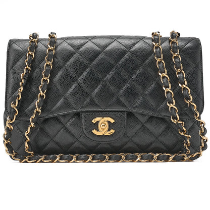 CHANEL Caviar Skin Deca Matasse 30cm Single Flap Chain Shoulder Bag Black Gold-Tone Hardware, Pre-Owned