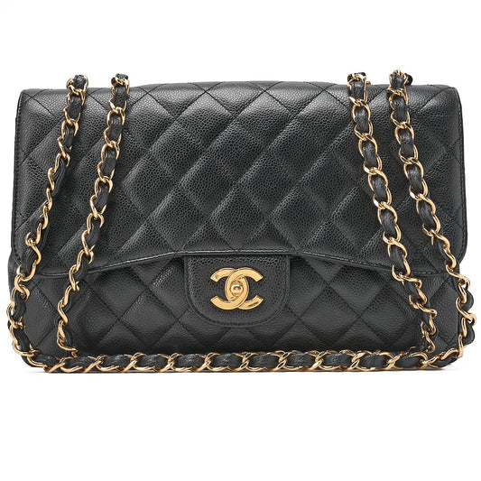 CHANEL Caviar Skin Deca Matasse 30cm Single Flap Chain Shoulder Bag Black Gold-Tone Hardware, Pre-Owned