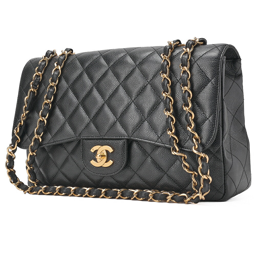 CHANEL Caviar Skin Deca Matasse 30cm Single Flap Chain Shoulder Bag Black Gold-Tone Hardware, Pre-Owned
