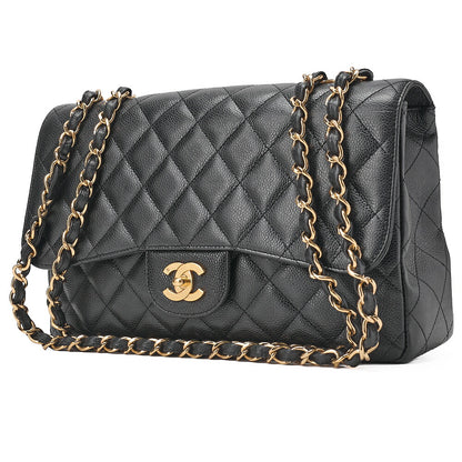 CHANEL Caviar Skin Deca Matasse 30cm Single Flap Chain Shoulder Bag Black Gold-Tone Hardware, Pre-Owned