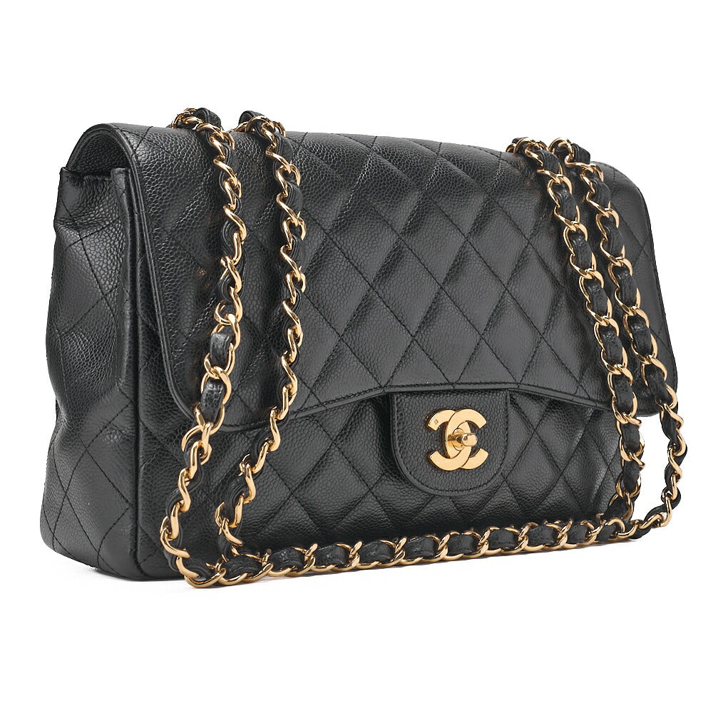 CHANEL Caviar Skin Deca Matasse 30cm Single Flap Chain Shoulder Bag Black Gold-Tone Hardware, Pre-Owned