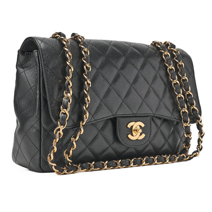 CHANEL Caviar Skin Deca Matasse 30cm Single Flap Chain Shoulder Bag Black Gold-Tone Hardware, Pre-Owned