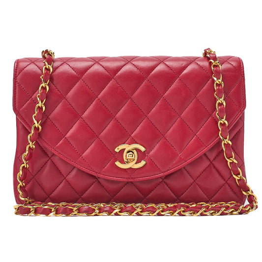 CHANEL Chain Shoulder Bag Matelasse Round Flap Lambskin Red Gold-Tone Hardware, Pre-Owned