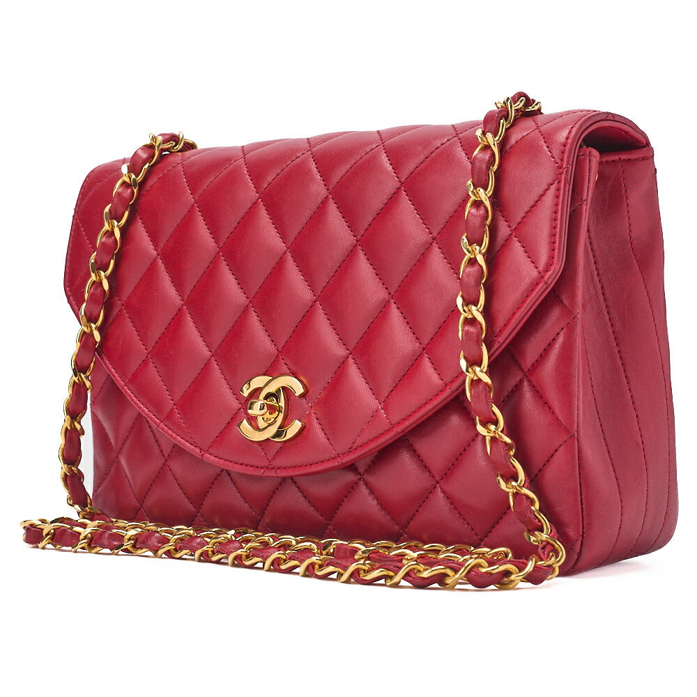 CHANEL Chain Shoulder Bag Matelasse Round Flap Lambskin Red Gold-Tone Hardware, Pre-Owned