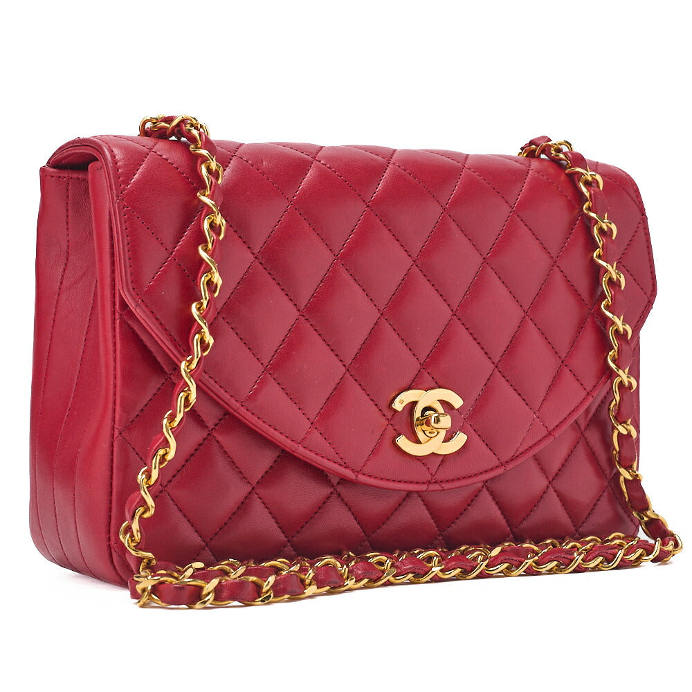 CHANEL Chain Shoulder Bag Matelasse Round Flap Lambskin Red Gold-Tone Hardware, Pre-Owned