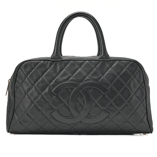 CHANEL Handbag Boston Bag Caviar Skin Matelasse Cocomark Black Gold-Tone Hardware, Pre-Owned