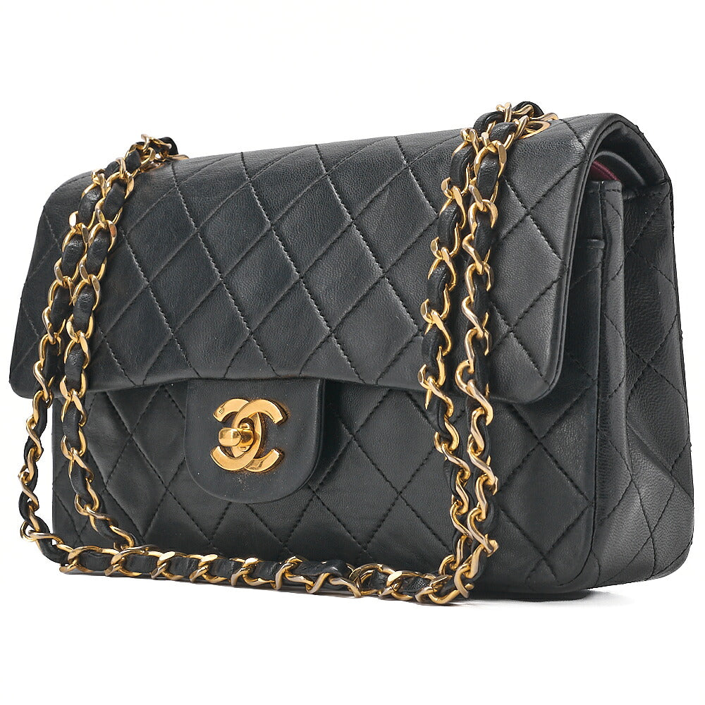 CHANEL Chain Shoulder Bag Matelasse 23cm Double Flap Lambskin Black Gold-Tone Hardware, Pre-Owned