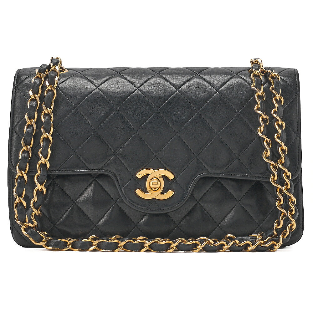 CHANEL Chain Shoulder Bag Matrasse Double Flap 23cm Lambskin Black Gold-Tone Hardware, Pre-Owned