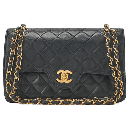 CHANEL Chain Shoulder Bag Matrasse Double Flap 23cm Lambskin Black Gold-Tone Hardware, Pre-Owned