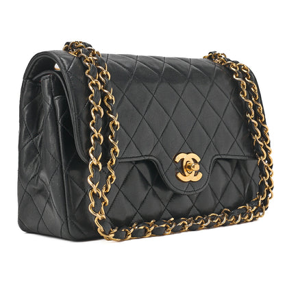CHANEL Chain Shoulder Bag Matrasse Double Flap 23cm Lambskin Black Gold-Tone Hardware, Pre-Owned