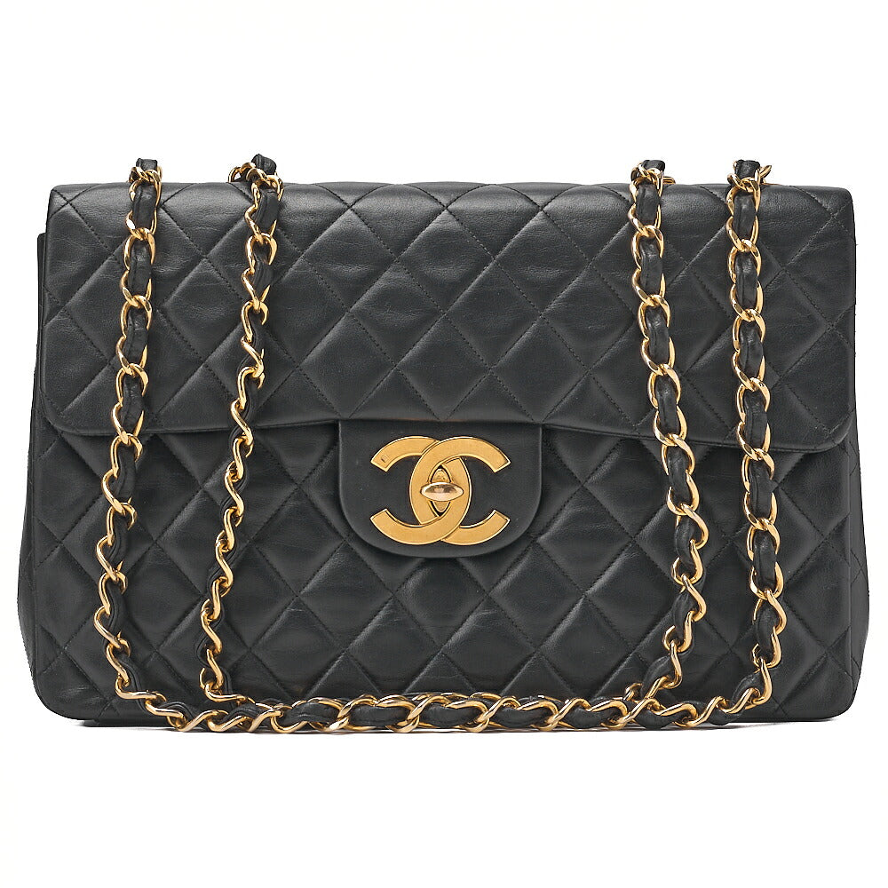 CHANEL Chain Shoulder Bag Deca Matrasse 34cm Single Flap Lambskin Black Gold-Tone Hardware, Pre-Owned