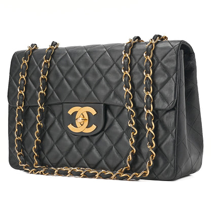 CHANEL Chain Shoulder Bag Deca Matrasse 34cm Single Flap Lambskin Black Gold-Tone Hardware, Pre-Owned