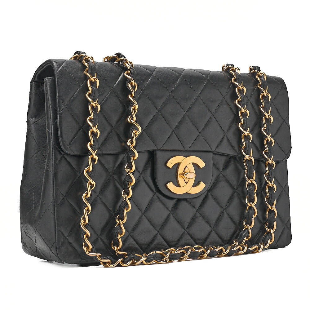 CHANEL Chain Shoulder Bag Deca Matrasse 34cm Single Flap Lambskin Black Gold-Tone Hardware, Pre-Owned