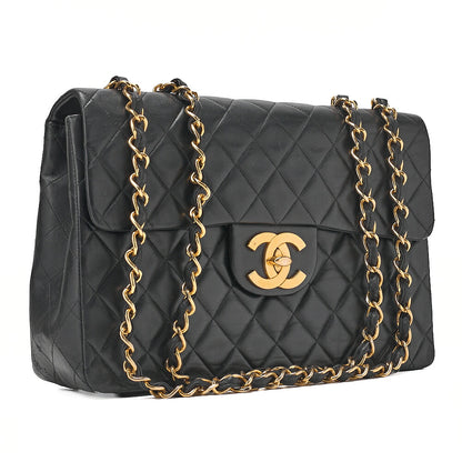 CHANEL Chain Shoulder Bag Deca Matrasse 34cm Single Flap Lambskin Black Gold-Tone Hardware, Pre-Owned