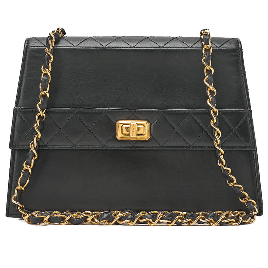 CHANEL Lambskin Matrasse Trapezoidal 2.55 Turnlock Single Flap Chain Shoulder Black Gold-Tone Hardware, Pre-Owned