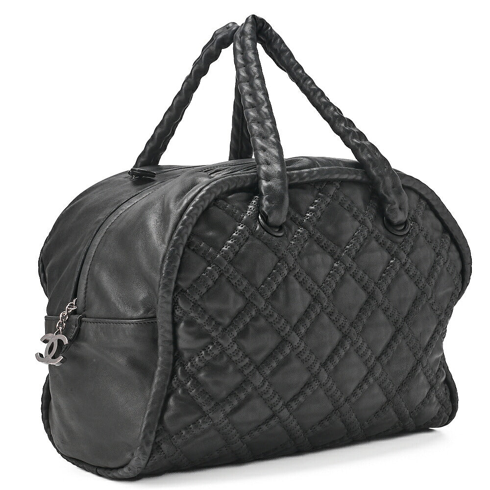 CHANEL ウルトラスティッチ ココマーク ショルダーバッグ ボストン ラムスキン 黒 シルバー金具 中古
