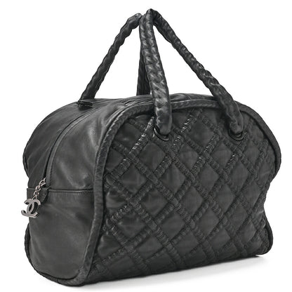 CHANEL ウルトラスティッチ ココマーク ショルダーバッグ ボストン ラムスキン 黒 シルバー金具 中古