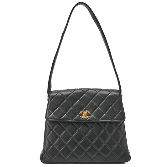 CHANEL One Shoulder Bag Matelasse Turnlock Single Flap Lambskin Black Gold-Tone Hardware, Pre-Owned