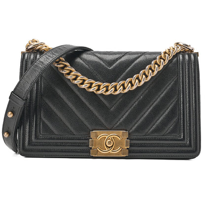 CHANEL Boy Chanel V-Stitch Chain Shoulder Bag Caviar Skin Black Gold-Tone Hardware, Pre-Owned
