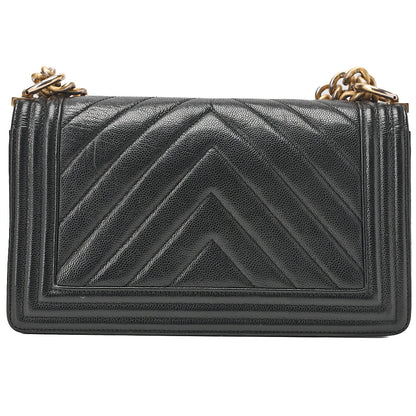 CHANEL Boy Chanel V-Stitch Chain Shoulder Bag Caviar Skin Black Gold-Tone Hardware, Pre-Owned