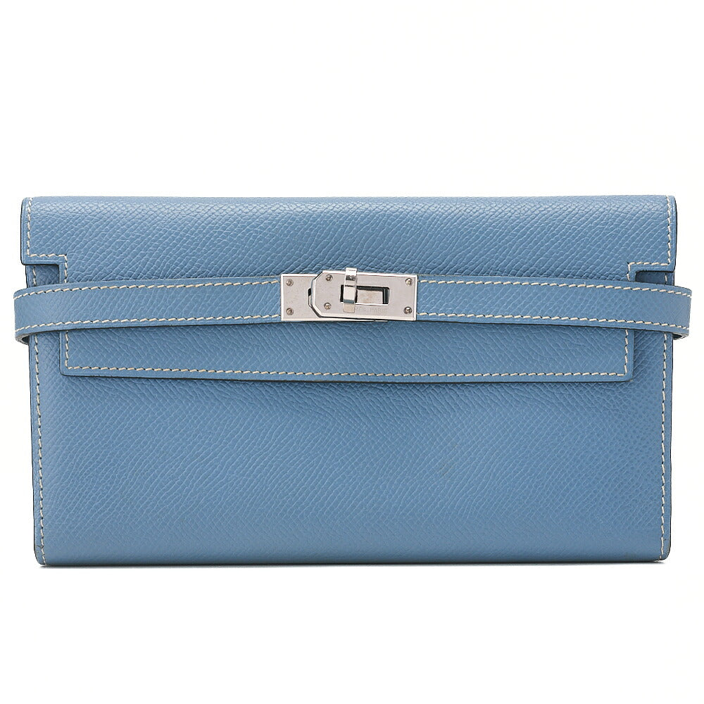 HERMES Kelly Wallet 3-Fold Long Wallet Epson Blue Jean Silver-Tone Hardware, Pre-Owned