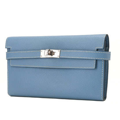 HERMES Kelly Wallet 3-Fold Long Wallet Epson Blue Jean Silver-Tone Hardware, Pre-Owned