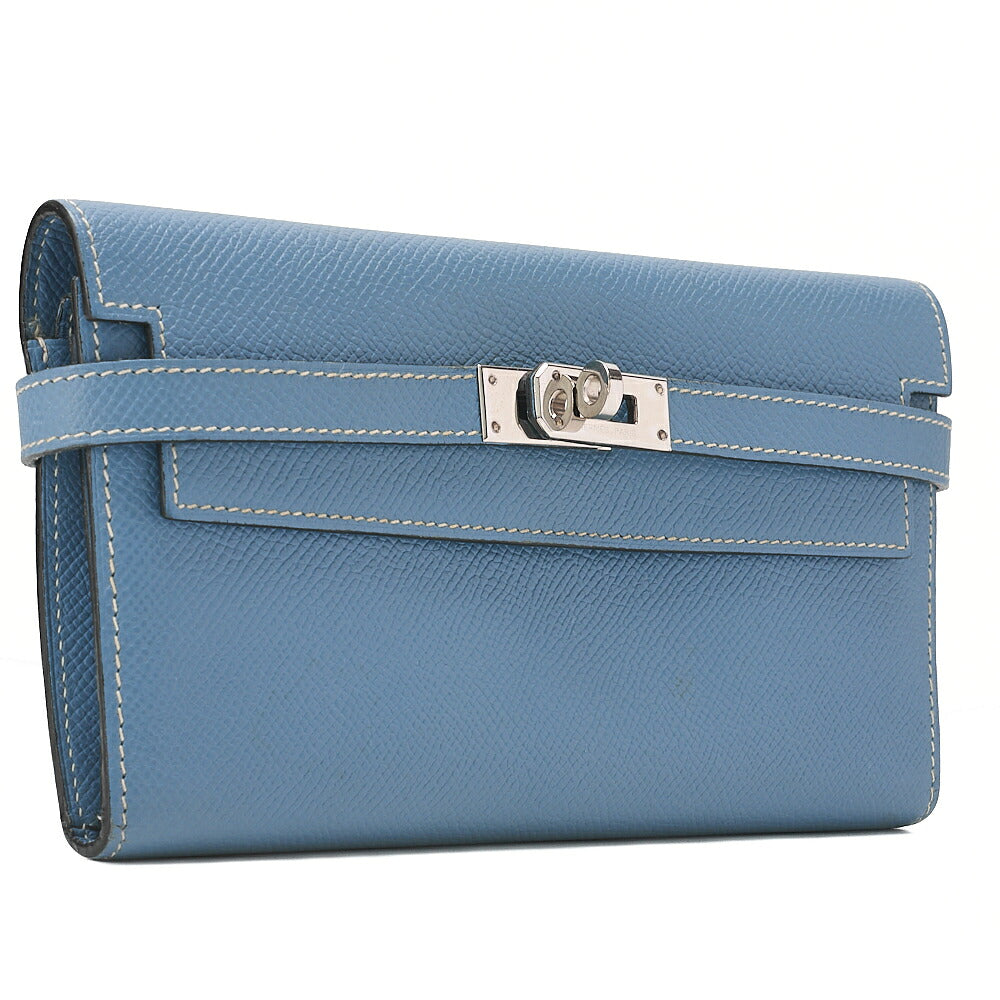 HERMES Kelly Wallet 3-Fold Long Wallet Epson Blue Jean Silver-Tone Hardware, Pre-Owned