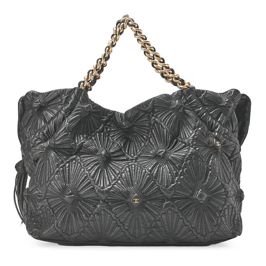 CHANEL Coco Mark Fringe Chain Tote Bag Lambskin Black Gold-Tone Hardware, Pre-Owned