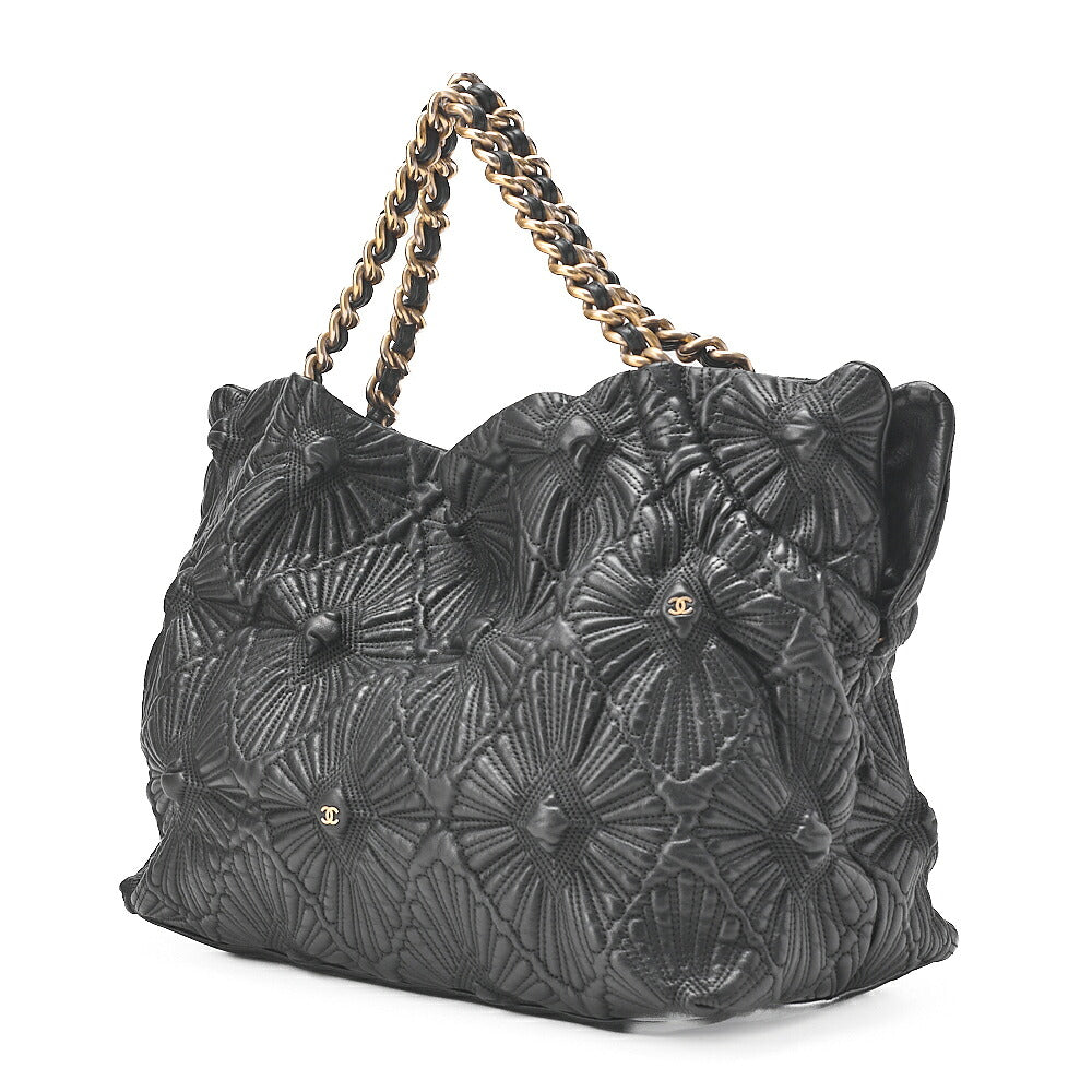 CHANEL Coco Mark Fringe Chain Tote Bag Lambskin Black Gold-Tone Hardware, Pre-Owned