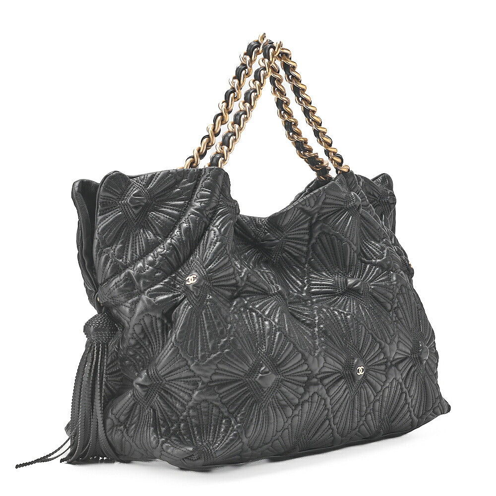 CHANEL Coco Mark Fringe Chain Tote Bag Lambskin Black Gold-Tone Hardware, Pre-Owned