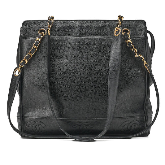 CHANEL Caviar Skin Triple Coco Double Chain Shoulder Black Gold-Tone Hardware, Pre-Owned