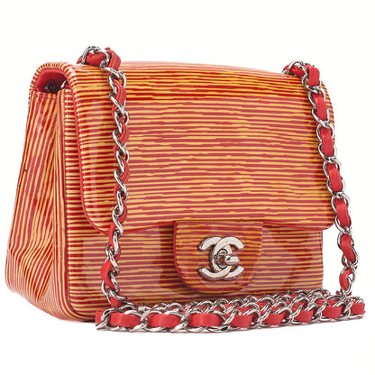 CHANEL Coco Mark Single Flap Single Chain Bag Enamel x Lambskin Red X Orange Silver-Tone Hardware, Pre-Owned