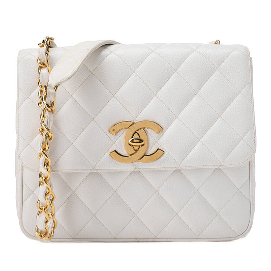 CHANEL Chain Shoulder Bag Square Shape Caviar Skin White Gold Fittings Big Coco Gold-Tone Hardware, Pre-Owned