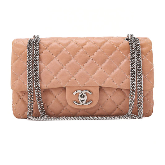 CHANEL Leather Matelasse Double Flap Double Chain Bag Salmon Pink Silver-Tone Hardware, Pre-Owned