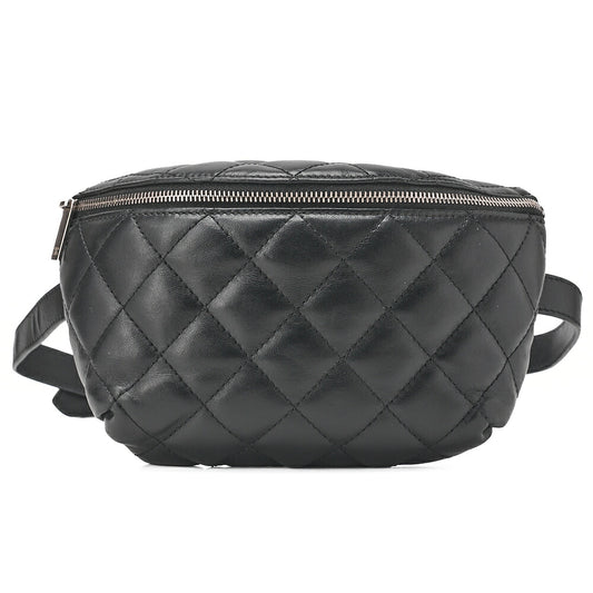 CHANEL Waist Bag Matrasse Lambskin Black Silver-Tone Hardware, Pre-Owned