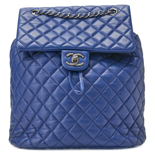 CHANEL Matelasse Turnlock Chain Backpack Lambskin Blue Silver-Tone Hardware, Pre-Owned