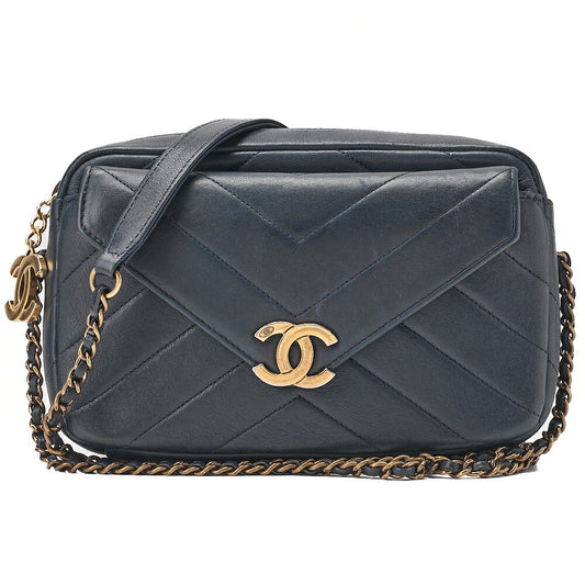 CHANEL Chain Shoulder Bag with Coco Charm V-Stitch Lambskin Navy Gold-Tone Hardware, Pre-Owned