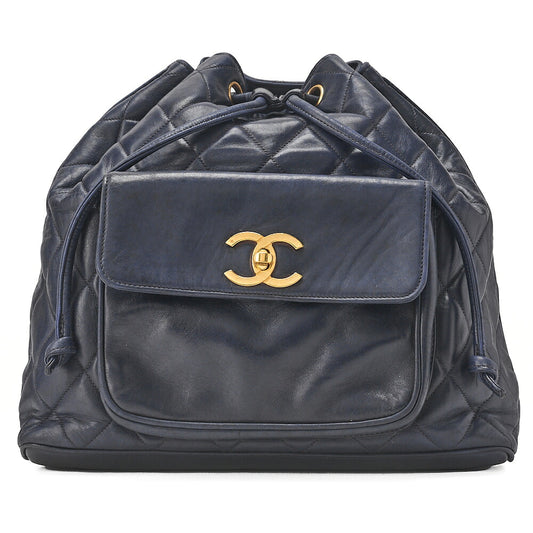 CHANEL Chain Shoulder Bag Outside Flap Drawstring Lambskin Navy Gold-Tone Hardware, Pre-Owned