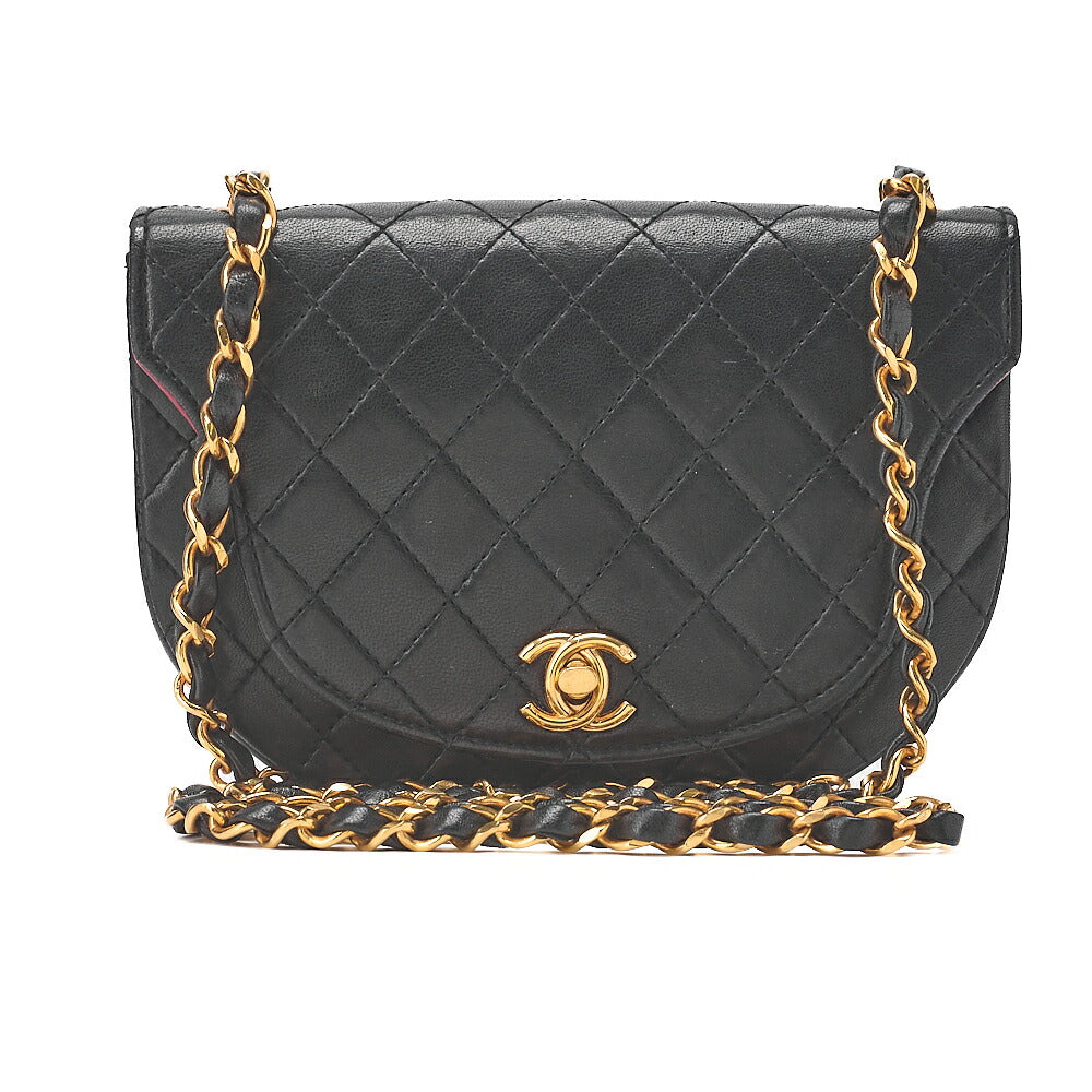 CHANEL Matelasse Half Moon Chain Shoulder Bag Lambskin Black Gold-Tone Hardware, Pre-Owned