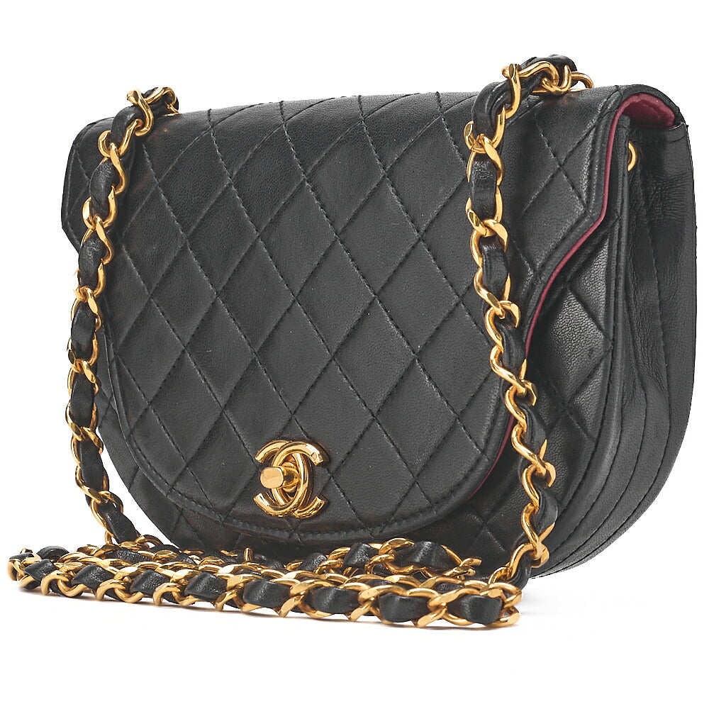 CHANEL Matelasse Half Moon Chain Shoulder Bag Lambskin Black Gold-Tone Hardware, Pre-Owned