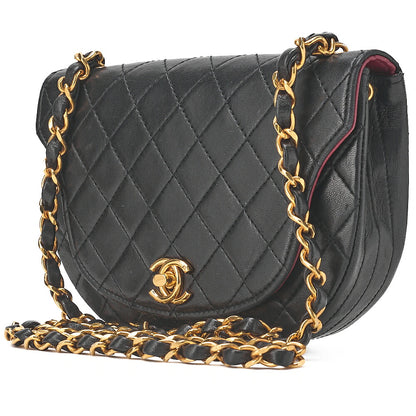 CHANEL Matelasse Half Moon Chain Shoulder Bag Lambskin Black Gold-Tone Hardware, Pre-Owned
