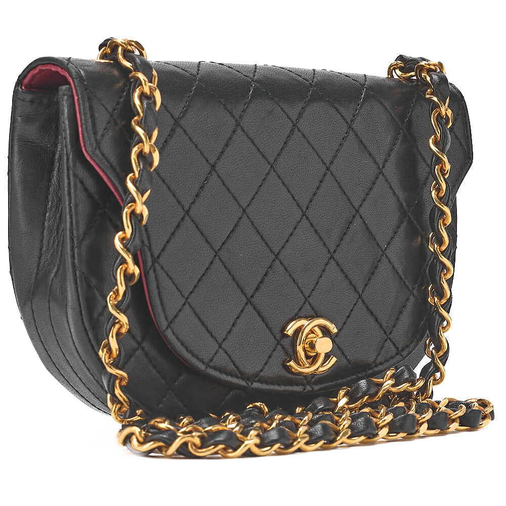 CHANEL Matelasse Half Moon Chain Shoulder Bag Lambskin Black Gold-Tone Hardware, Pre-Owned