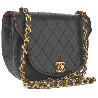 CHANEL Matelasse Half Moon Chain Shoulder Bag Lambskin Black Gold-Tone Hardware, Pre-Owned