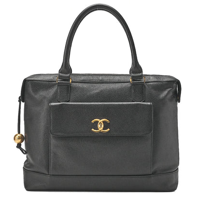 CHANEL Outside Flap Ball Charm Business Tote Bag Caviar Skin Black Gold-Tone Hardware, Pre-Owned