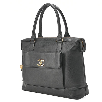 CHANEL Outside Flap Ball Charm Business Tote Bag Caviar Skin Black Gold-Tone Hardware, Pre-Owned