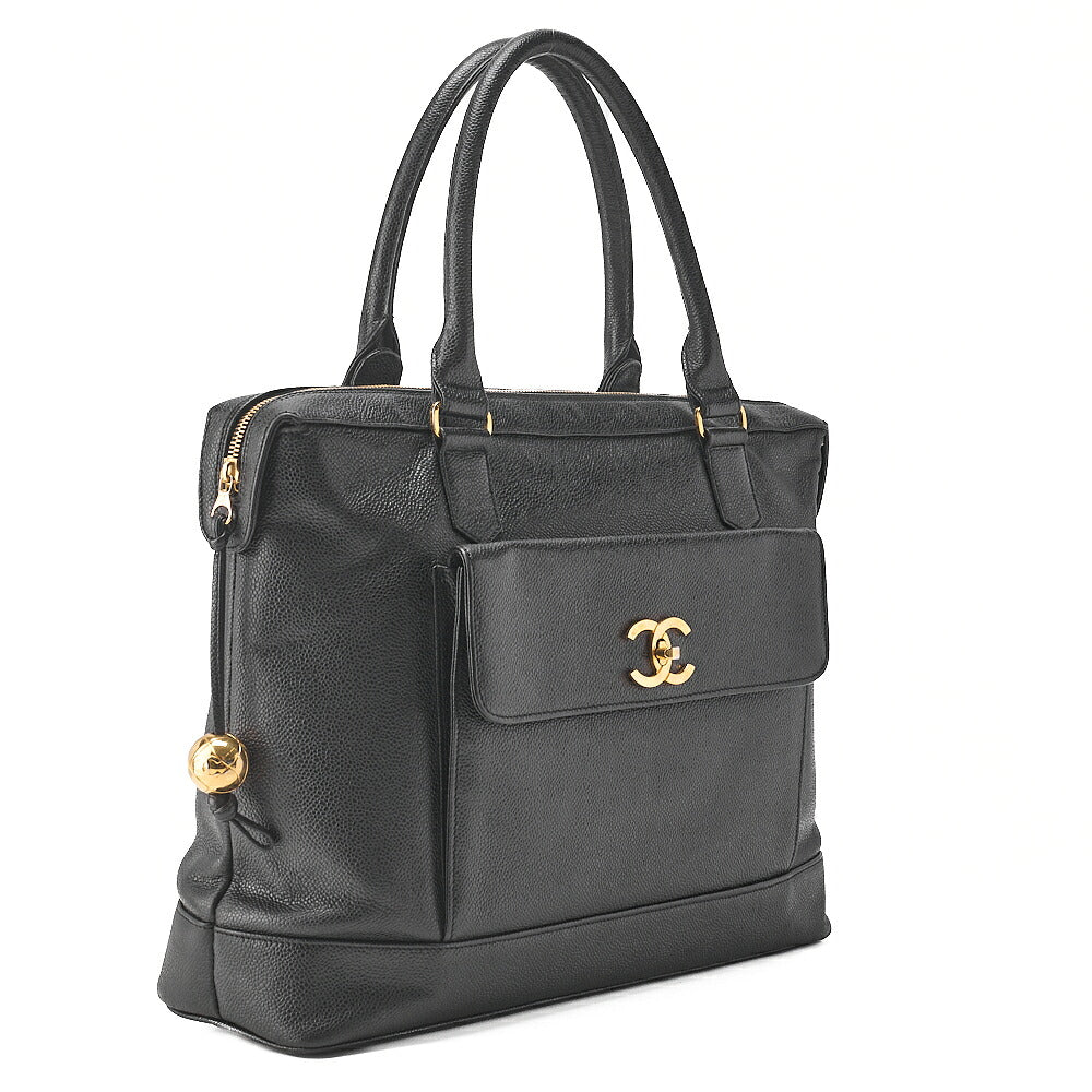 CHANEL Outside Flap Ball Charm Business Tote Bag Caviar Skin Black Gold-Tone Hardware, Pre-Owned