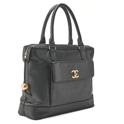 CHANEL Outside Flap Ball Charm Business Tote Bag Caviar Skin Black Gold-Tone Hardware, Pre-Owned