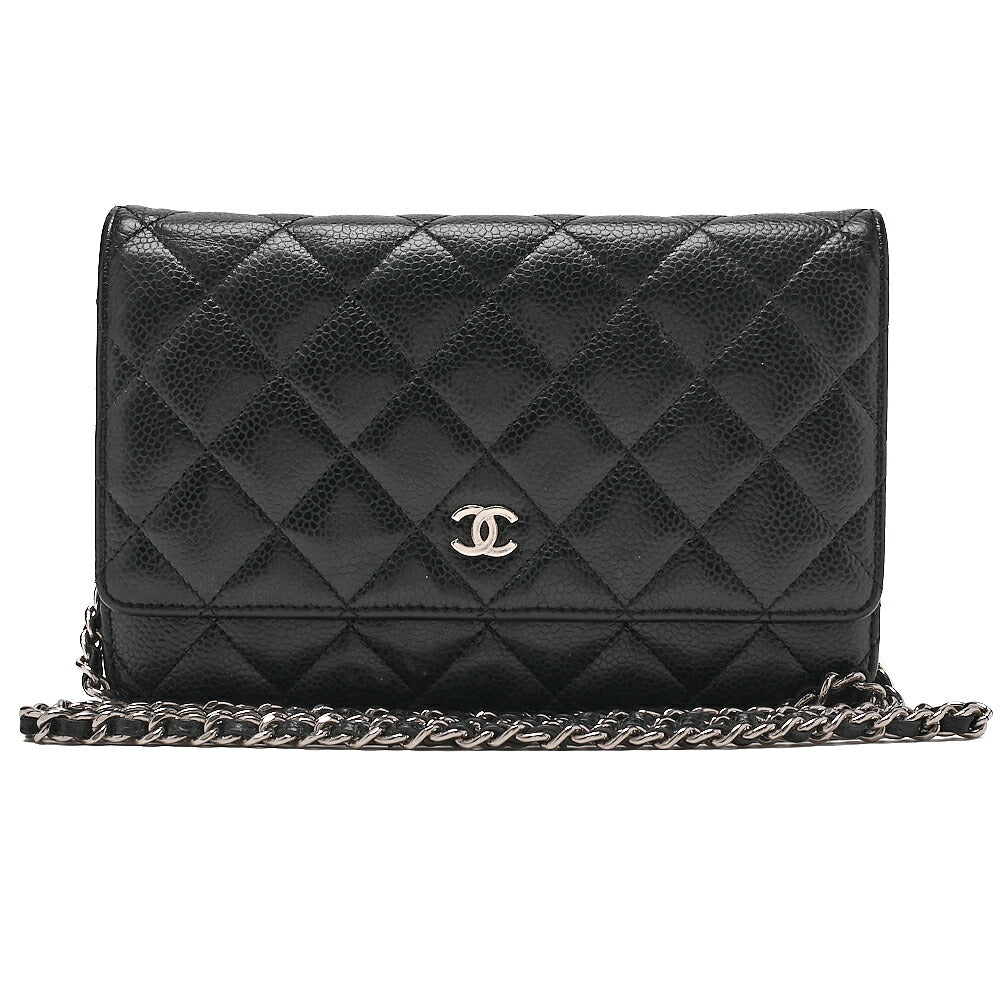 CHANEL マトラッセ チェーンウォレット キャビアスキン 黒 シルバー金具、中古品