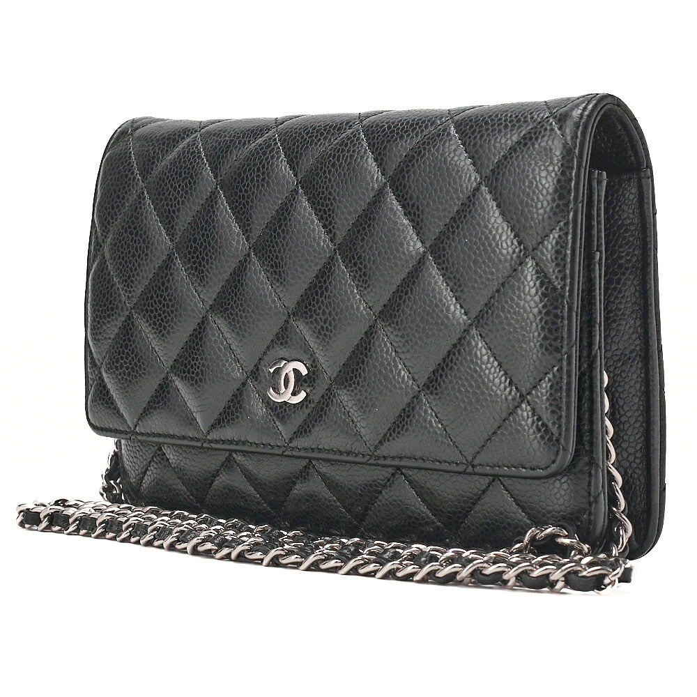 CHANEL マトラッセ チェーンウォレット キャビアスキン 黒 シルバー金具、中古品