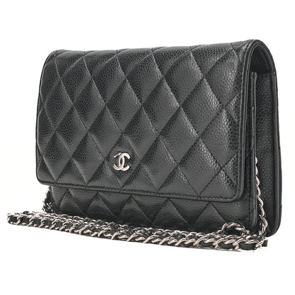 CHANEL マトラッセ チェーンウォレット キャビアスキン 黒 シルバー金具、中古品